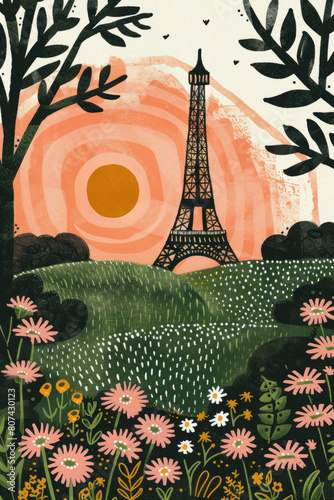 Paris city skyline cute colorful hand drawn style illustration