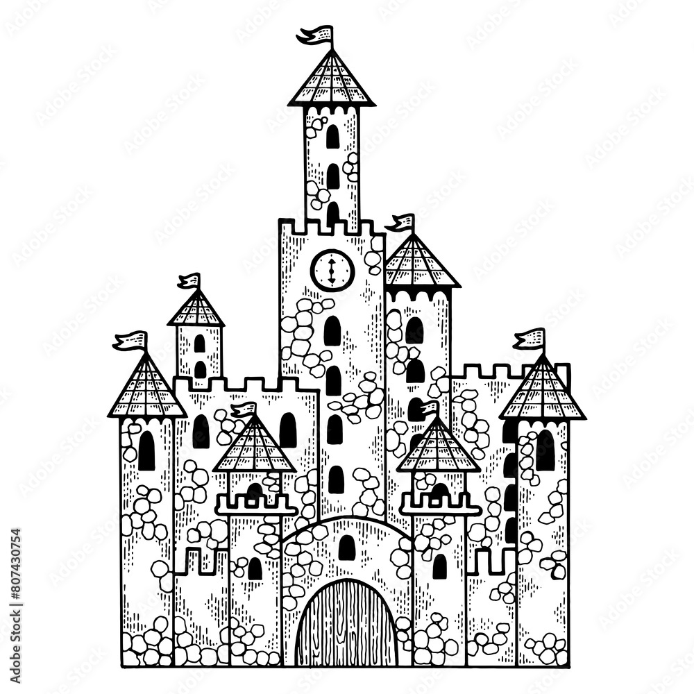 Fairytale medieval castle sketch engraving PNG illustration. T-shirt apparel print design. Scratch board imitation. Black and white hand drawn image.