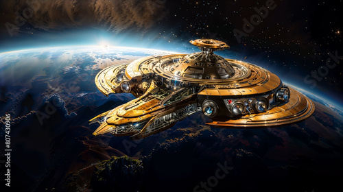 Futuristic spaceship orbiting Earth  showcasing advanced technology and design