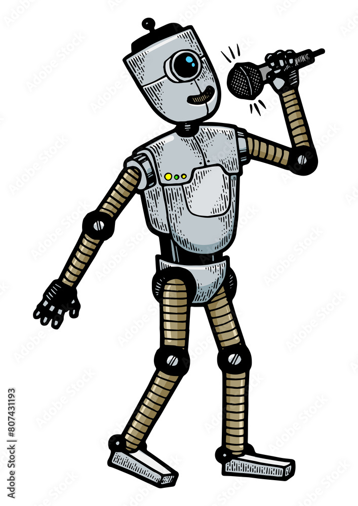 Robot singer vocalist with microphone sketch engraving PNG illustration. T-shirt apparel print design. Scratch board style imitation. Black and white hand drawn image. Robot singer vocalist with microphone sketch engraving PNG illustration. T-shirt apparel print design. Scratch board style imitation. Black and white hand drawn image.