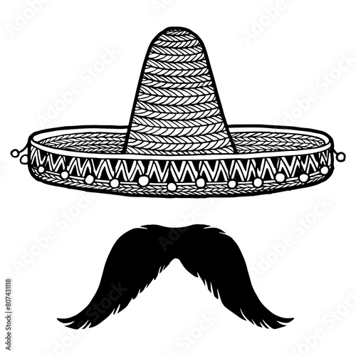 Mexican sombrero hat and mustache sketch engraving PNG illustration. T-shirt apparel print design. Scratch board style imitation. Black and white hand drawn image.