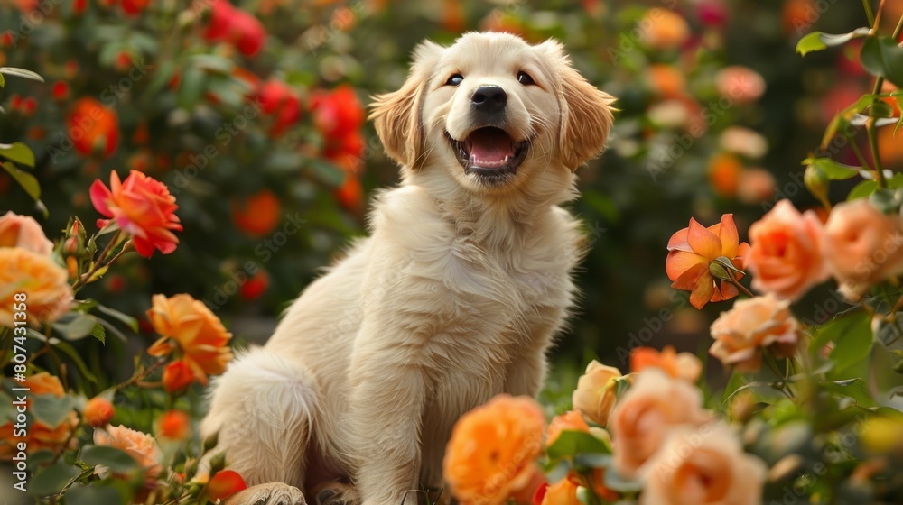 A Golden Retriever puppy smiling like a human, sitting among the roses in the garden, the cheerful expression of the puppy and the natural beauty of the roses around it A Golden Retriever puppy smiling like a human, sitting among the roses in the garden, the cheerful expression of the puppy and the natural beauty of the roses around it