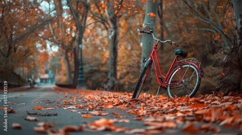A red bicycle is parked on the roadside photo