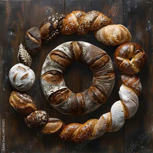 An array of diverse bread types are displayed in a circular formation photo