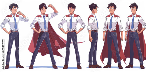  Full body character sheet of an Asian man in his late thirties  wearing a white shirt and blue tie with a red cape over his shoulders in business style office