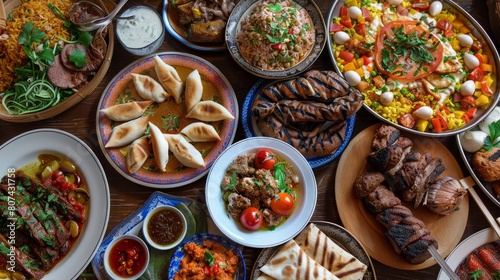 Arabic cuisine;Middle Eastern traditional lunch. It's also Ramadan 'Iftar'.The meal eaten by Muslims after sunset during Ramadan. Assorted of Egyptian oriental dishes.Served food for Family Gathering