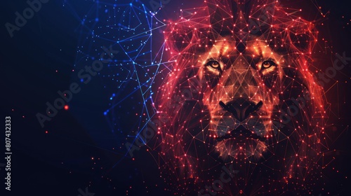 Abstract digital lion in polygons, lines and connected dots. King of beasts. Technology wild concept. Low Poly Wireframe 3D AI generated