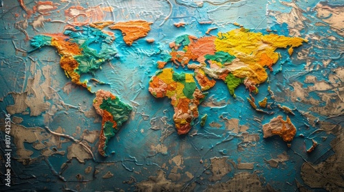 A realistic painting of the world map, including continents, oceans, and countries, adorning a wall.