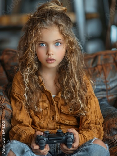 young girl sitting at home ...
