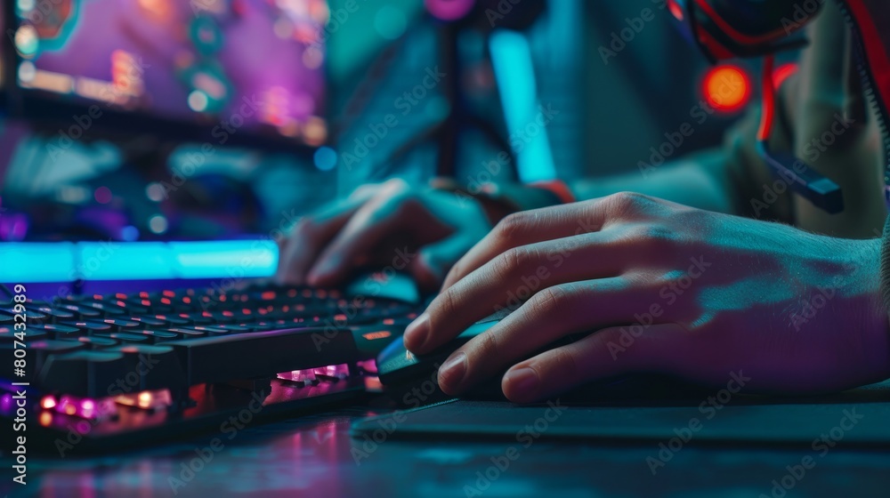 Male pro gamer's hands playing computer video game with professional computer mouse and keyboard. Close up of cyber sportsman hands on gaming equipment. Selective focus on hand. Cyber sport concept Male pro gamer's hands playing computer video game with professional computer mouse and keyboard. Close up of cyber sportsman hands on gaming equipment. Selective focus on hand. Cyber sport concept