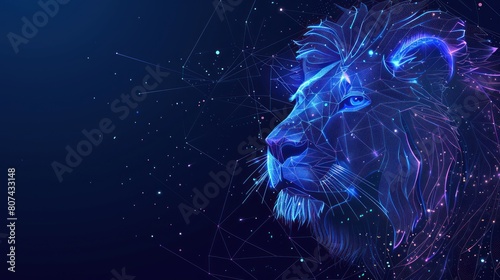 Abstract digital lion in polygons, lines and connected dots. King of beasts. Technology wild concept. Low Poly Wireframe 3D AI generated © Wahyu