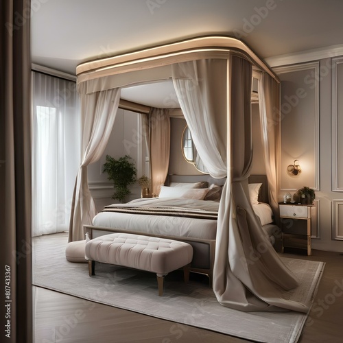 A cozy bedroom with a canopy bed, soft, flowing curtains, and a plush area rug2