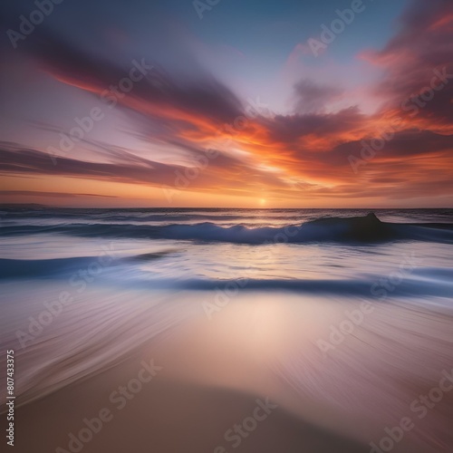 A serene beach at sunset  with gentle waves rolling onto the shore and a colorful sky overhead5