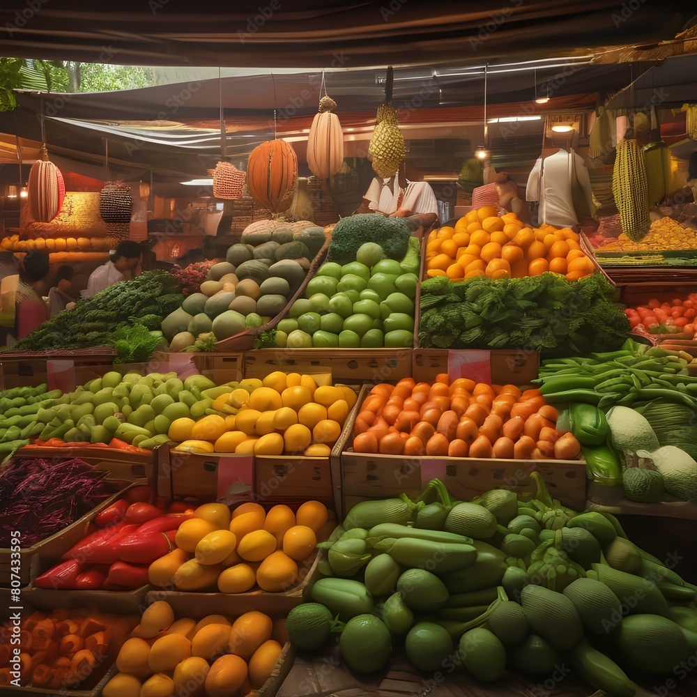 A vibrant market scene with stalls overflowing with exotic fruits, vegetables, and spices4
