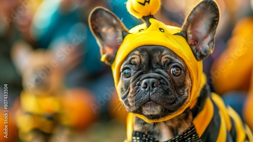 French bulldog in bee costume at a pumpkin patch. Pet fashion and Halloween concept. Design for banner, postcard. photo