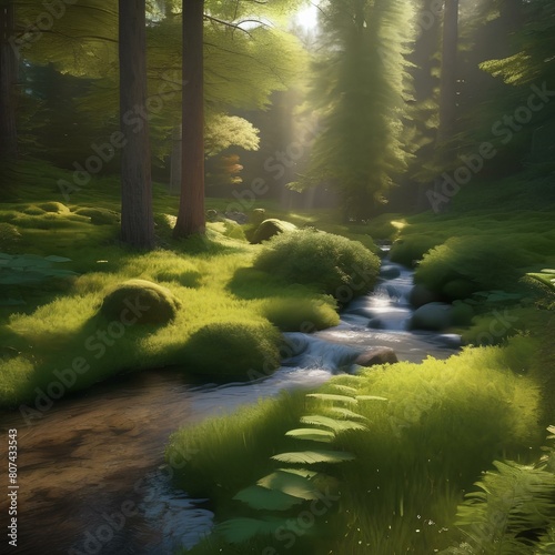 A peaceful forest glade with dappled sunlight, a babbling brook, and a carpet of moss4 photo