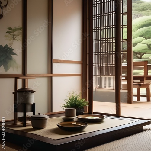 A traditional Japanese tea house with sliding doors, tatami mats, and a serene garden2
