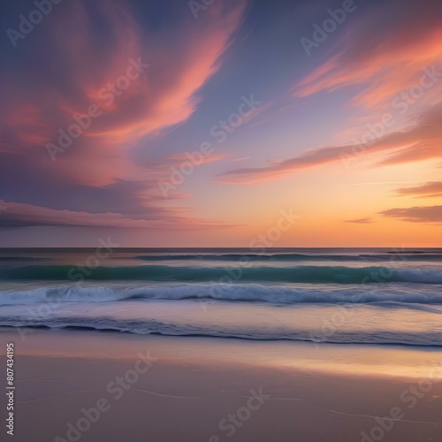 A serene beach at sunset  with gentle waves rolling onto the shore and a colorful sky overhead2