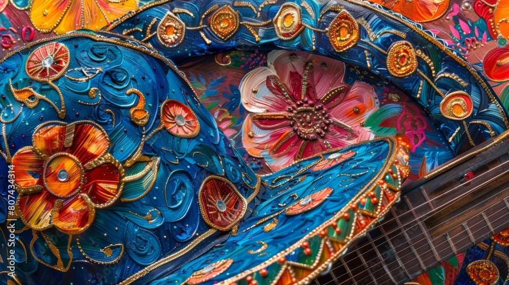 close up of guitar and blue hat with orange flower decorations. close up of guitar and blue hat with orange flower decorations.