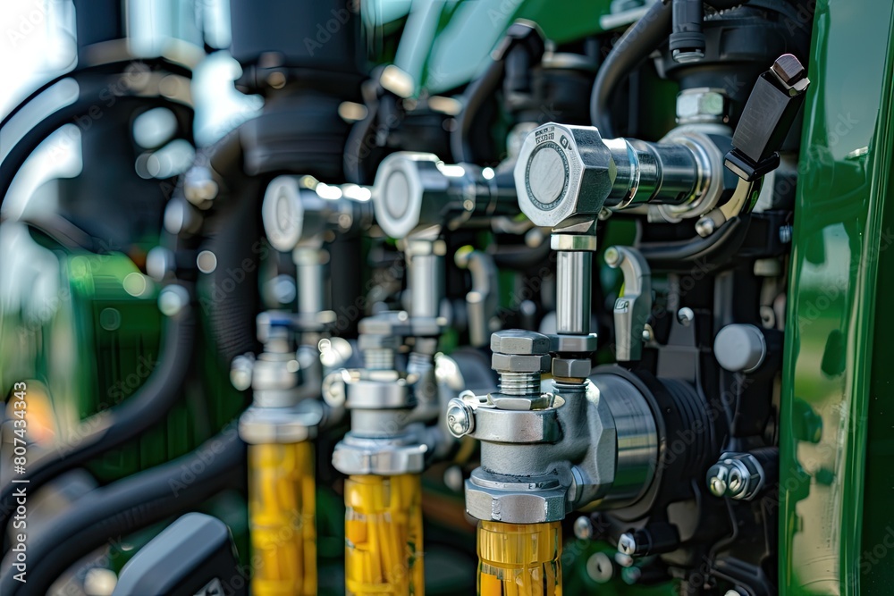 A close up of a machine with four valves. The valves are yellow and silver