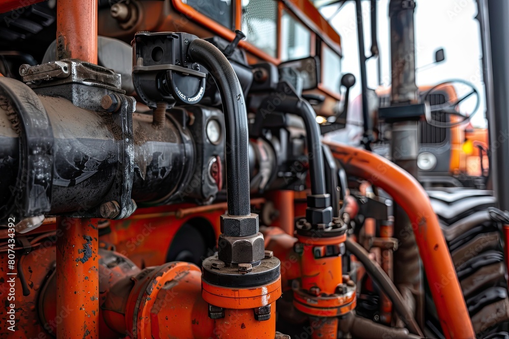 A close up of a large orange tractor with a black hose. The tractor is parked in a field A close up of a large orange tractor with a black hose. The tractor is parked in a field
