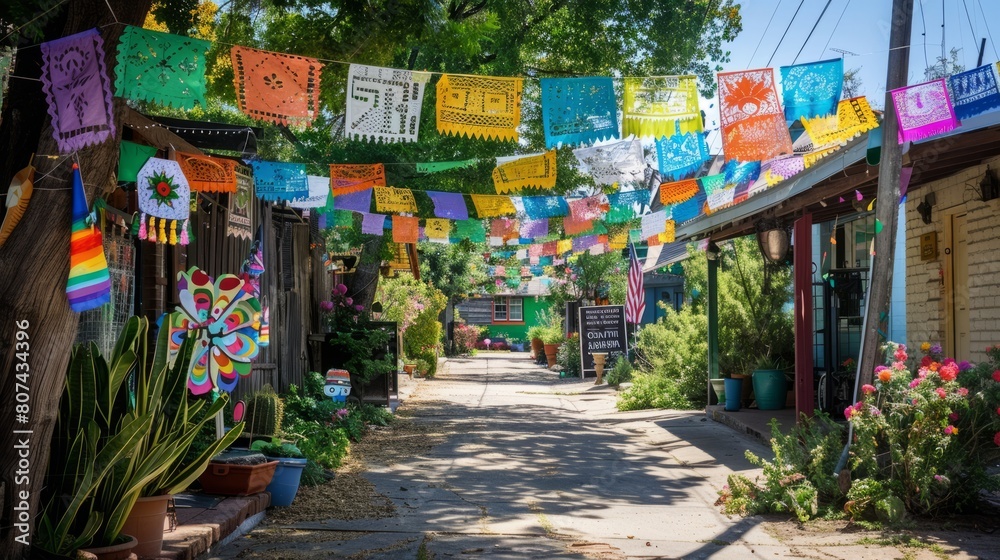 colorful street with papel picado flags hanging overhead.