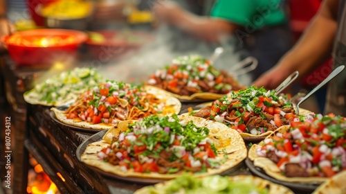 close up of a Mexican street food stand with a variety of tacos.