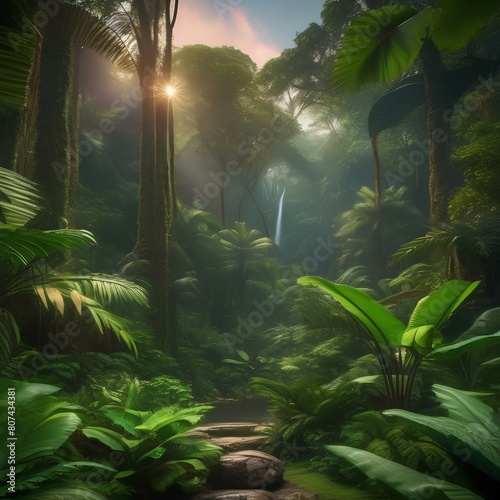 A lush tropical rainforest with towering trees  exotic plants  and colorful birds2