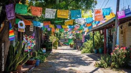 colorful street with papel picado flags hanging overhead.