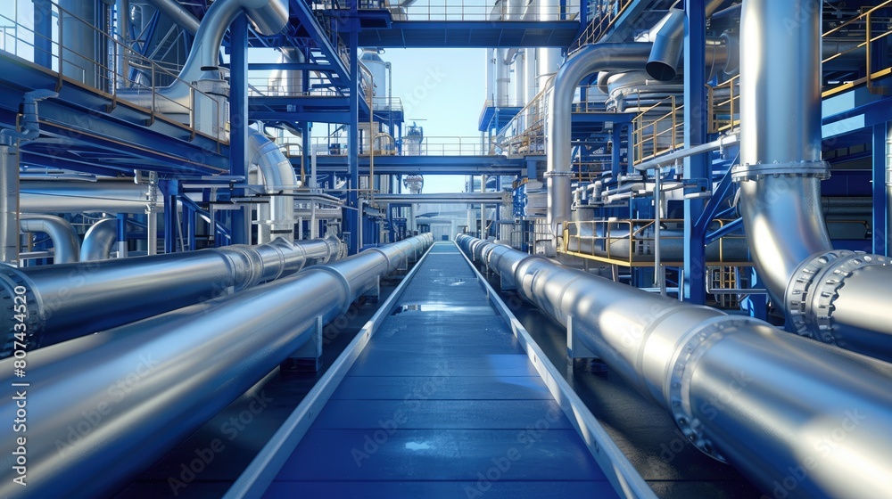 A large industrial building with many pipes and a lot of space. The pipes are silver and the building is very tall A large industrial building with many pipes and a lot of space. The pipes are silver and the building is very tall