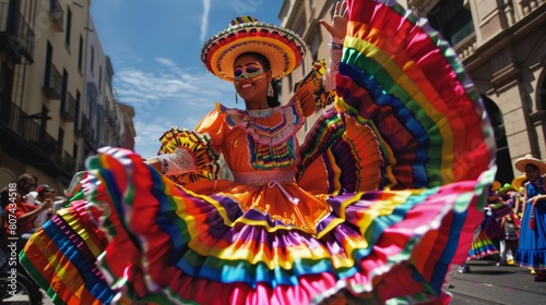 A Mexican woman wearing a traditional dress and a sombrero is dancing in the street.