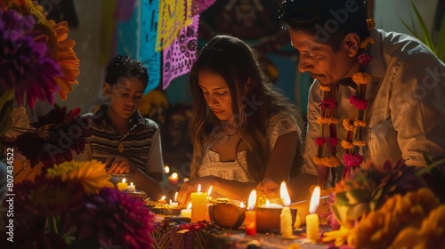 A Mexican family is gathered around a table, lighting candles and placing flowers in honor of their deceased loved ones.