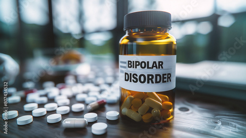 Close up of a yellow bottle with the word Bipolar disorder, surrounded by white pills.