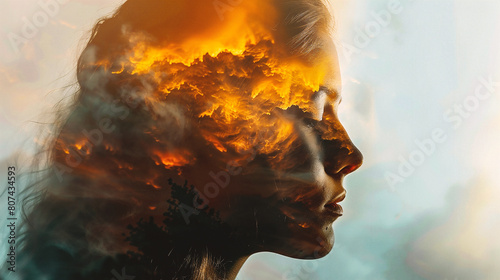 Double exposure portrait of a woman with a cloud of fire on her face