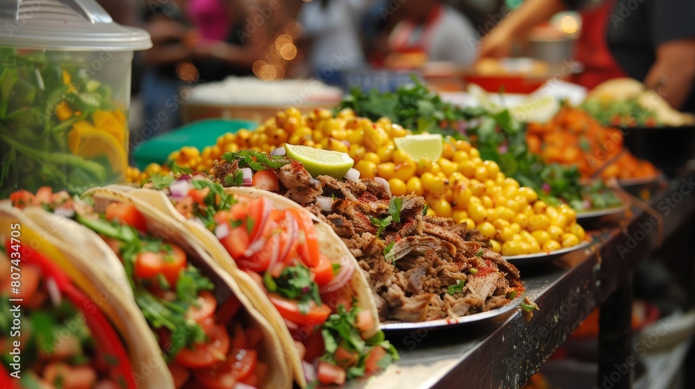 variety of delicious street food is displayed on a table at a market.