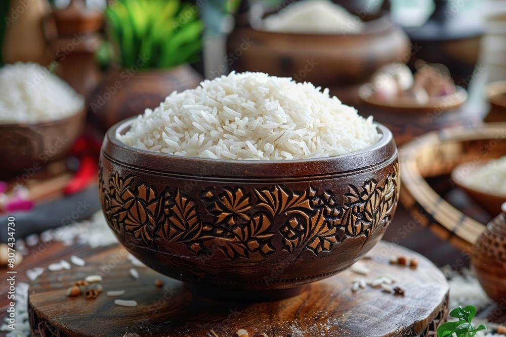 A bowl of white rice is sitting on a wooden table. The bowl is decorated with a floral pattern and is filled with rice A bowl of white rice is sitting on a wooden table. The bowl is decorated with a floral pattern and is filled with rice