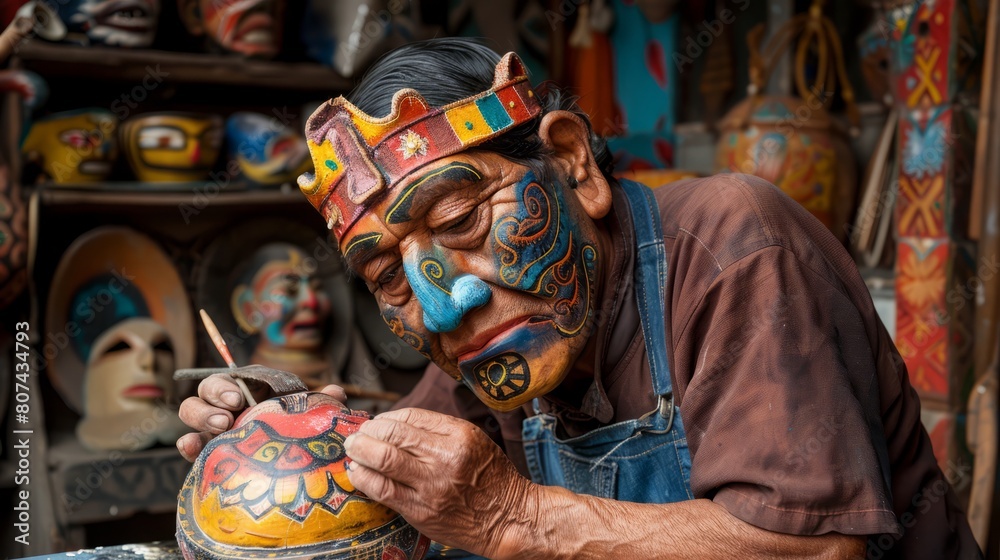 old man with face paint is carefully painting a pottery.