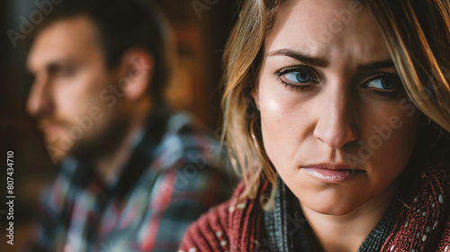 Close up portrait of depressed woman looking at camera with boyfriend in background