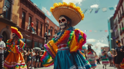 A woman wearing a traditional Mexican dress and a skull-like mask is dancing in a parade.