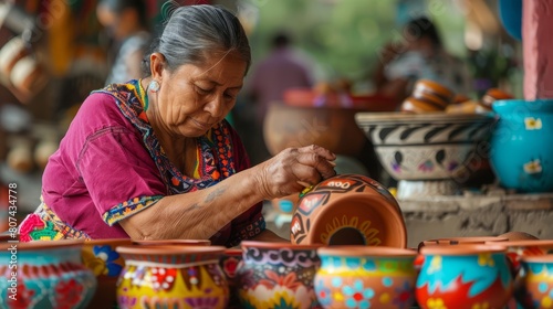 elderly woman paints colorful pottery in a Mexican village.