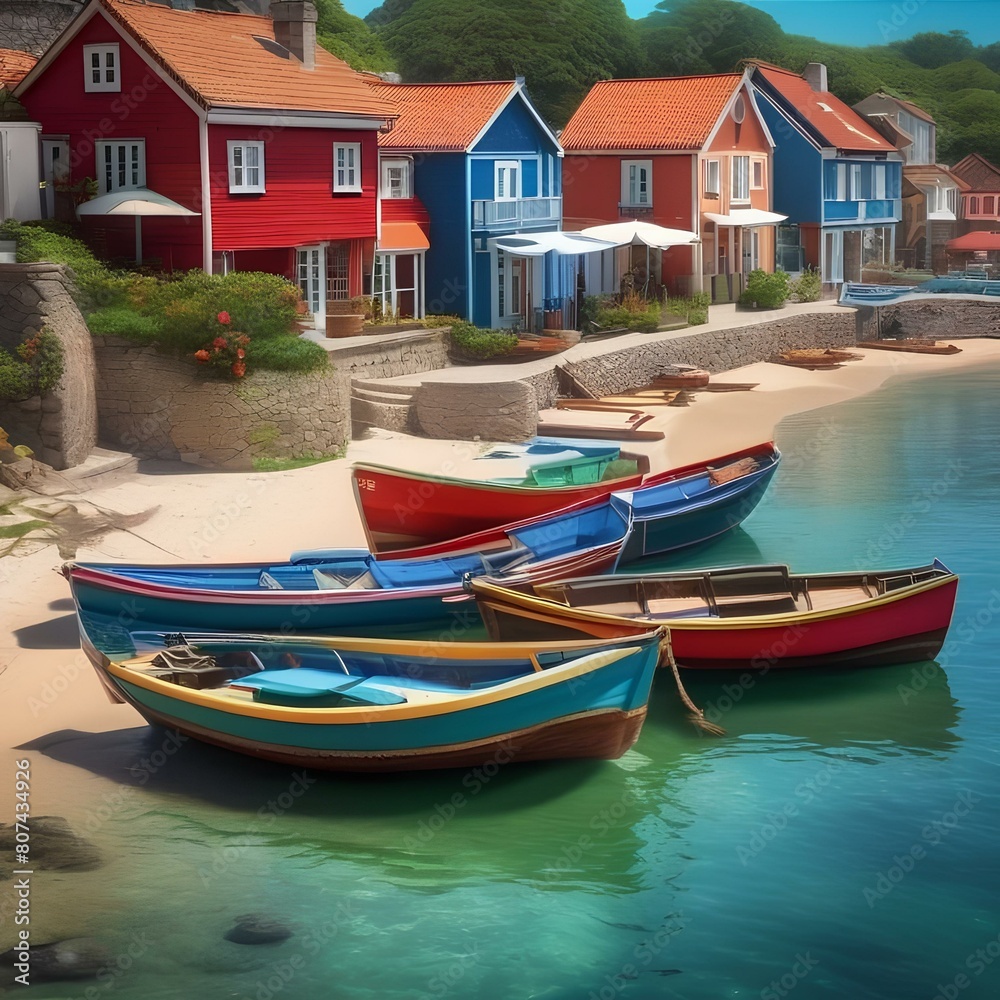 A charming seaside village with colorful fishing boats, sandy beaches, and quaint cottages5