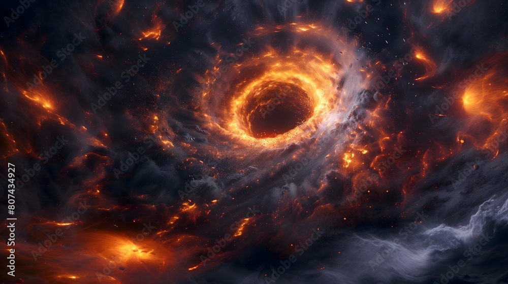Digital artwork of a black hole with fiery accretion disk in a star-filled galaxy