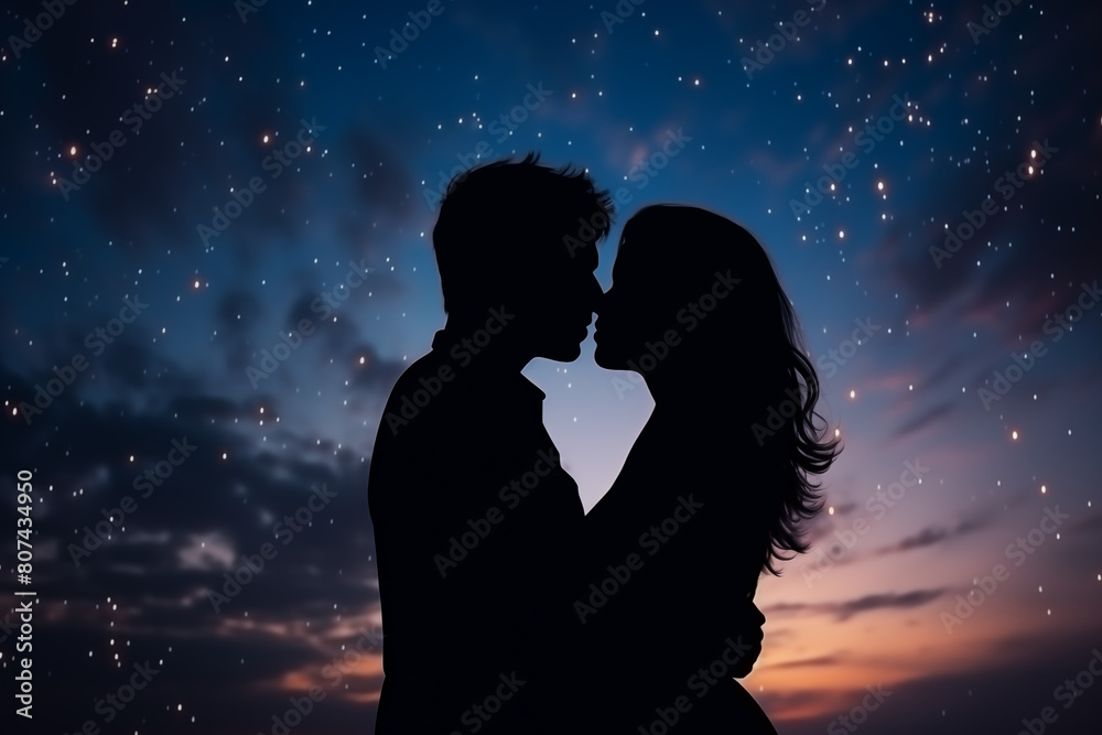 Photo depicting the silhouette of a couple poised in a tender embrace, set against a breathtaking twilight sky adorned with stars. Created with Generative AI technology