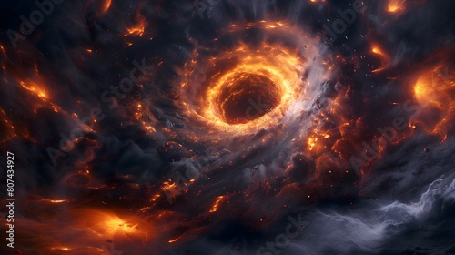 Digital artwork of a black hole with fiery accretion disk in a star-filled galaxy photo