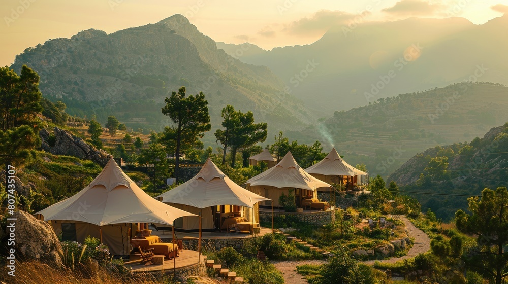A group of tents are set up on a mountain top. The tents are arranged in a row and are all facing the same direction. The mountain range in the background is covered in trees and the sky is clear