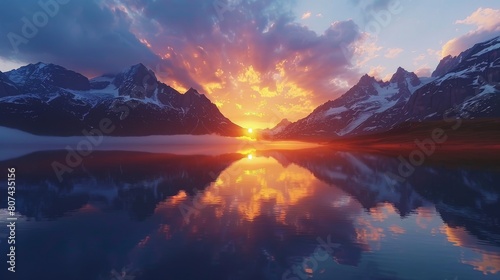 A Mountain Range Is Reflected in a Body of Water As the Sun Sets Behind It - Generative AI