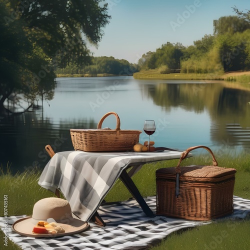 A serene riverside picnic spot with a checkered blanket, a wicker basket, and a view of the water5 photo