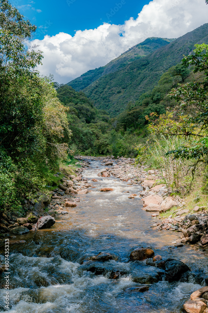 VERTICAL LANDSCAPE OF A RIVER IN THE MIDDLE OF THE JUNGLE MOUNTAINS OF COLOMBIA VERTICAL LANDSCAPE OF A RIVER IN THE MIDDLE OF THE JUNGLE MOUNTAINS OF COLOMBIA