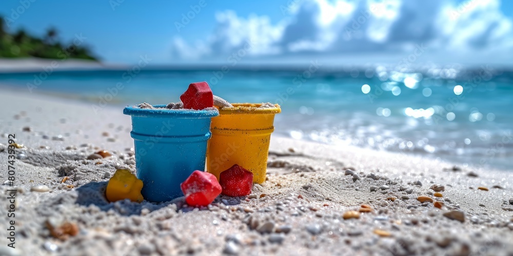 Bucket and starfish on a sandy beach near the sea. Bucket and starfish on a sandy beach near the sea.