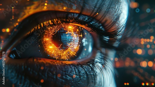 Eye of futuristic and Innovative  eye with binary code  eyes and vibrant neon neural network  representing futuristic technology  Cyber security and data protection concept with face  